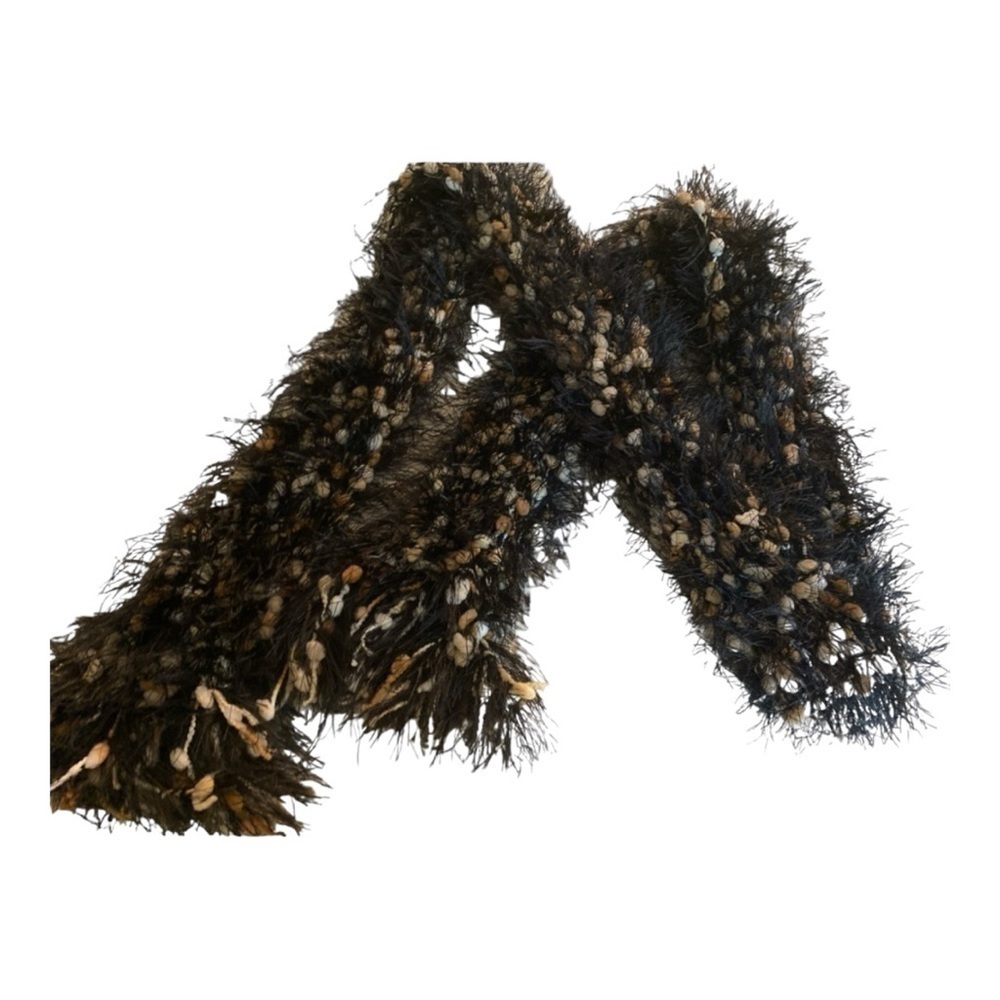 Crocheted handmade scarf, black with brown and cream.  Eyelash threads. 63” X 3”